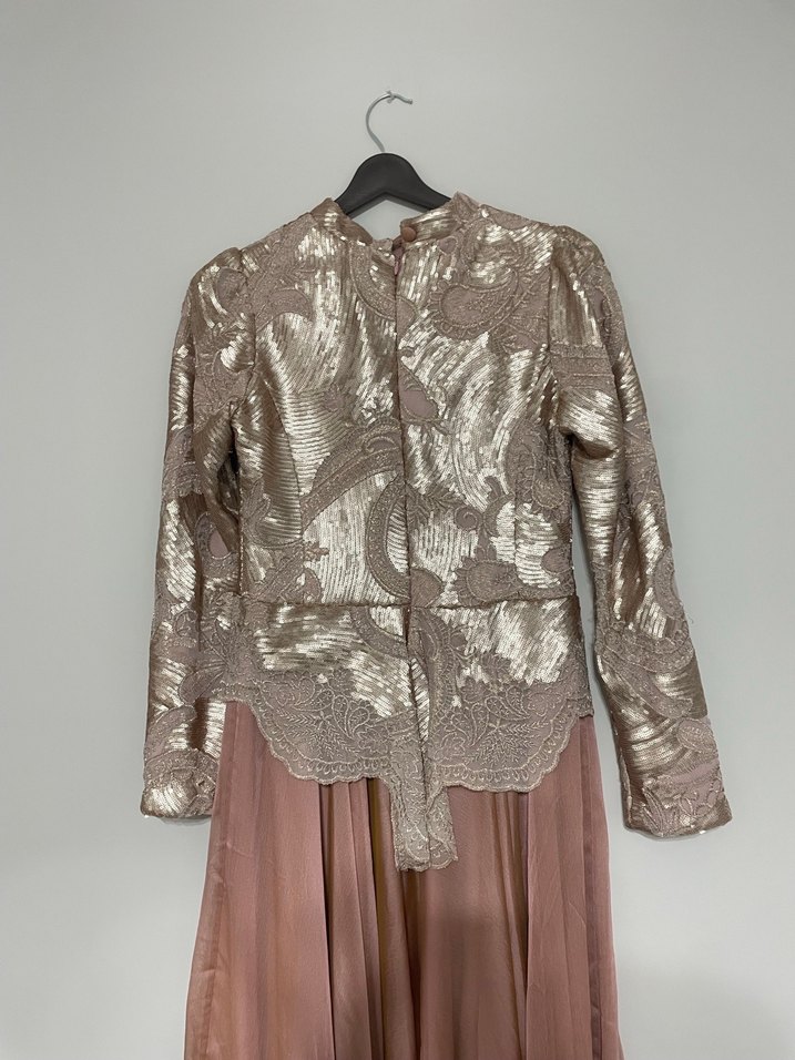 Pudra Parlak İşlemeli Uzun Abiye Elbise - Görsel 4