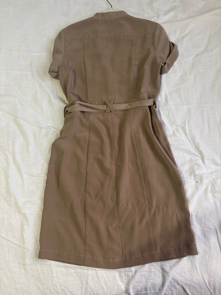 Kısa Kollu Bej Midi Kemerli Kadın Elbise - Görsel 3