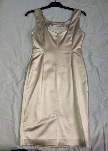 Bej V Yakalı Midi Abiye Elbise - Görsel 3