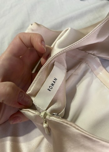 Bej V Yakalı Midi Abiye Elbise - Görsel 4