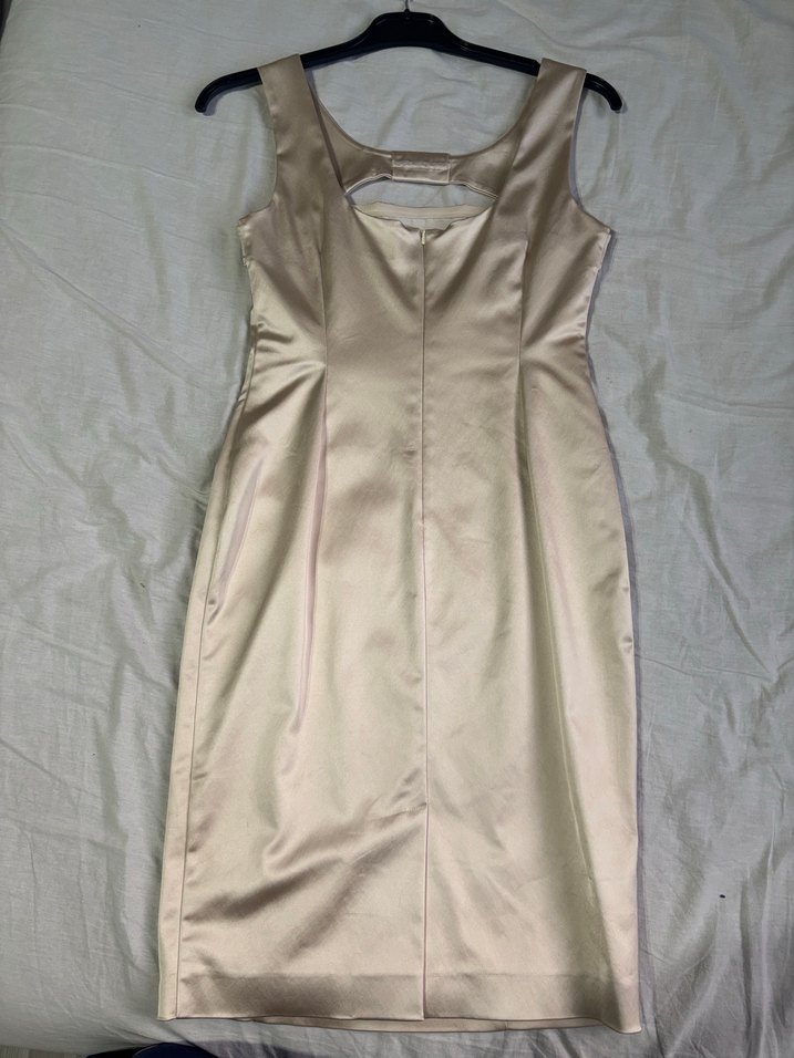 Bej V Yakalı Midi Abiye Elbise - Görsel 3