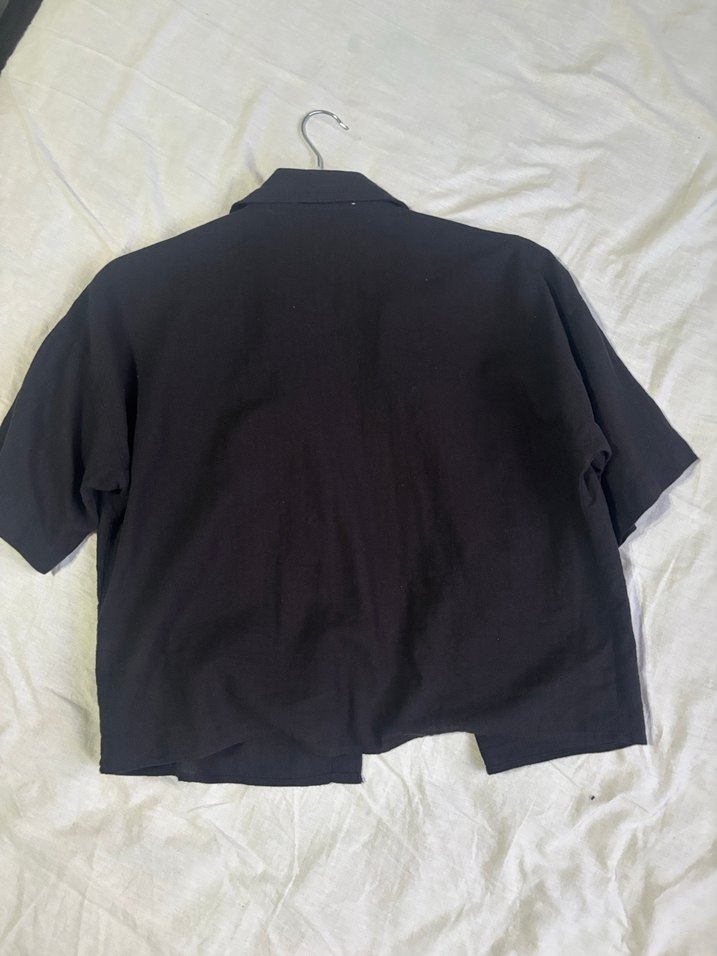 Siyah Keten Kısa Kollu Gömlek - Görsel 2