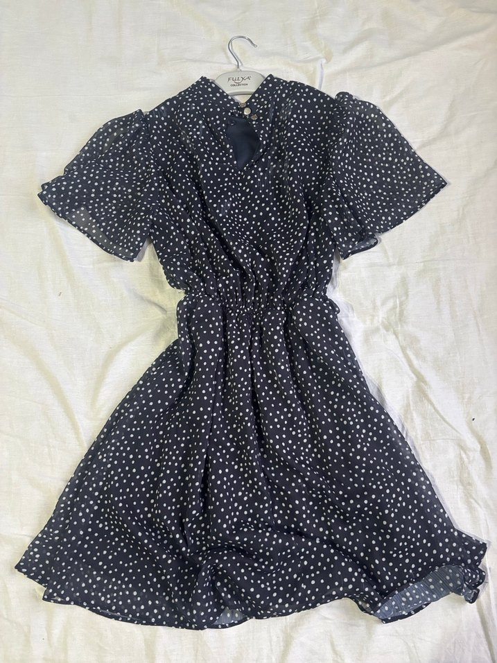 Puantiye Desenli Siyah Midi Elbise - Görsel 2