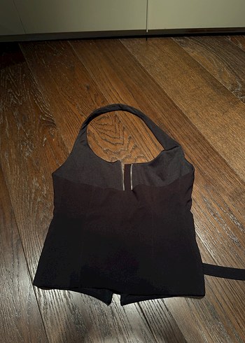 Zara Kemerli Siyah Deri Halter Yaka Kadın Yelek