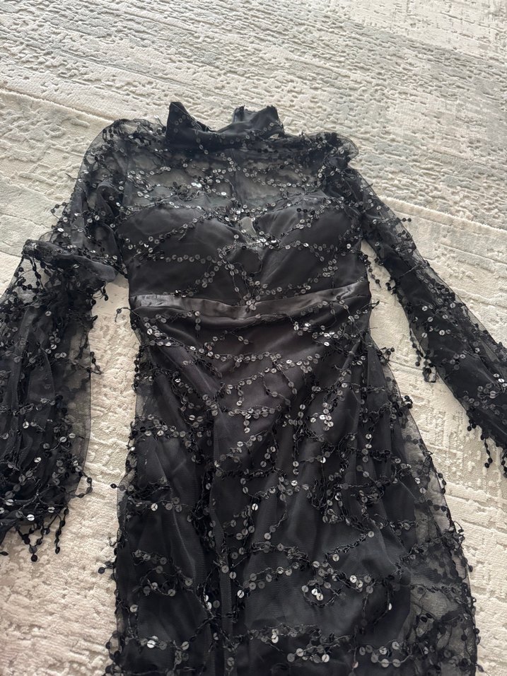 Siyah İşlemeli Fırfırlı Uzun Abiye Elbise - Görsel 2