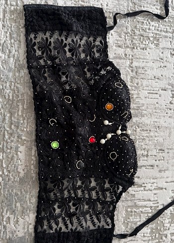 İşlemeli Boncuklu Siyah Straplez Bustiyer - Görsel 4