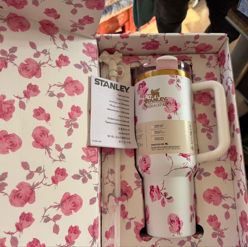 Çiçek Desenli Mavi Termos Bardak ve Pipet Seti - Görsel 2