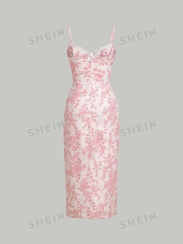 Sheinside Shein Çiçek Desenli Yırtmaçlı Elbise