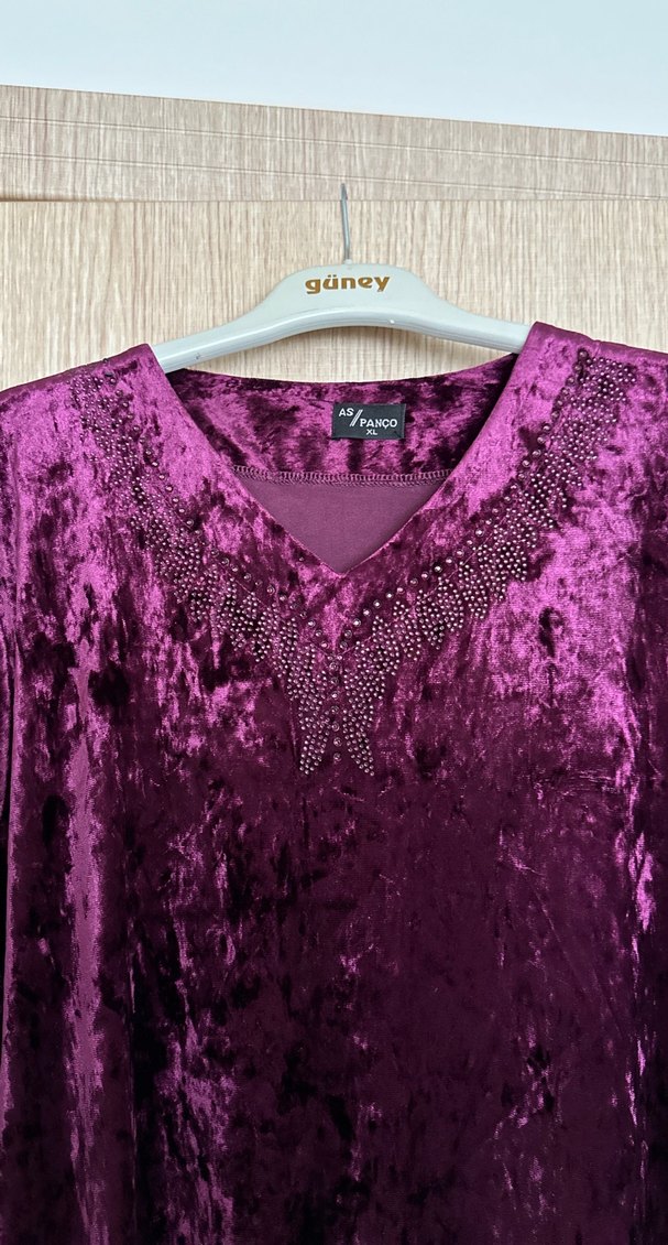 Bordo Kadın Uzun V Yaka Elbise - Görsel 2