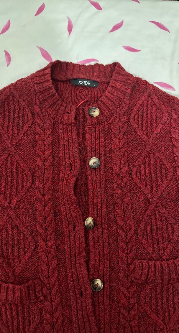 Bordo Örgü Kadın Hırka Midi Boy - Görsel 2