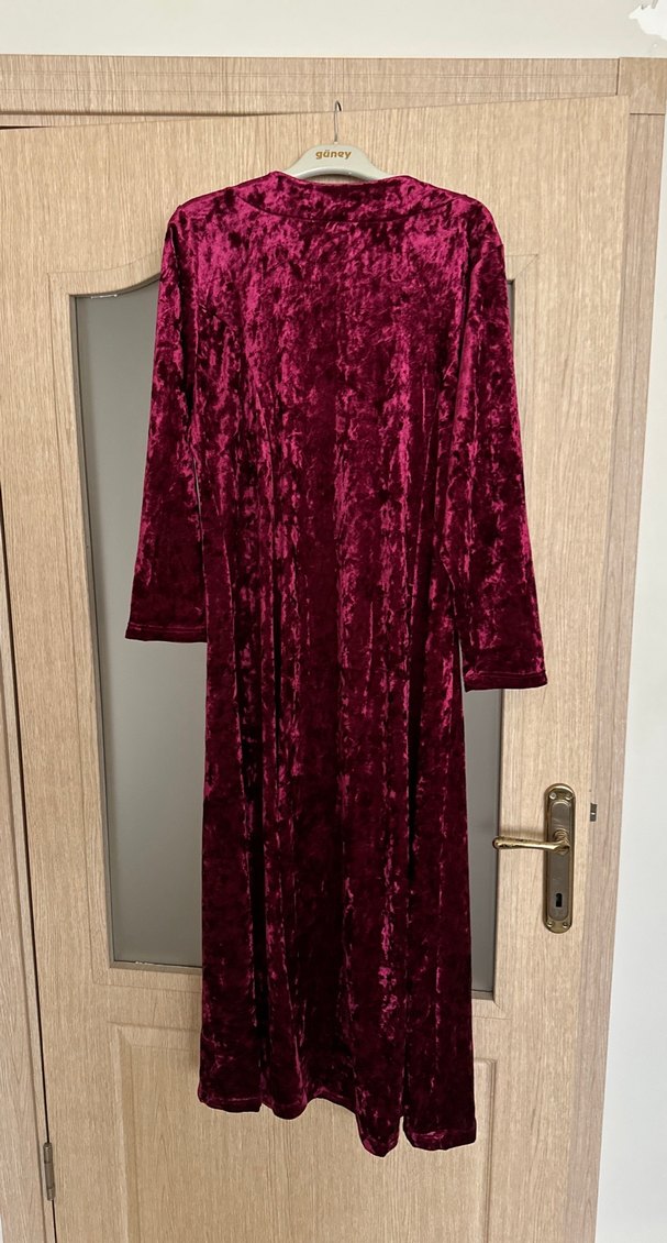 Bordo V Yaka Uzun Kadın Elbise - Görsel 3