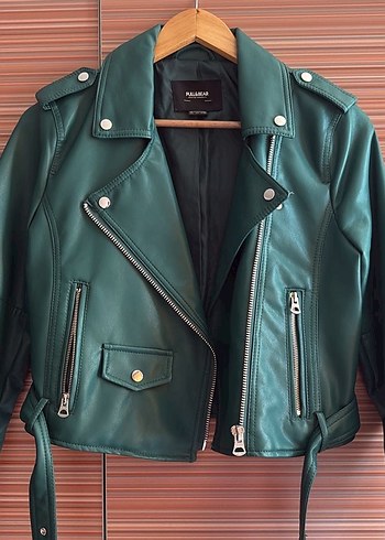 Pull&bear yeşil deri ceket - Görsel 2