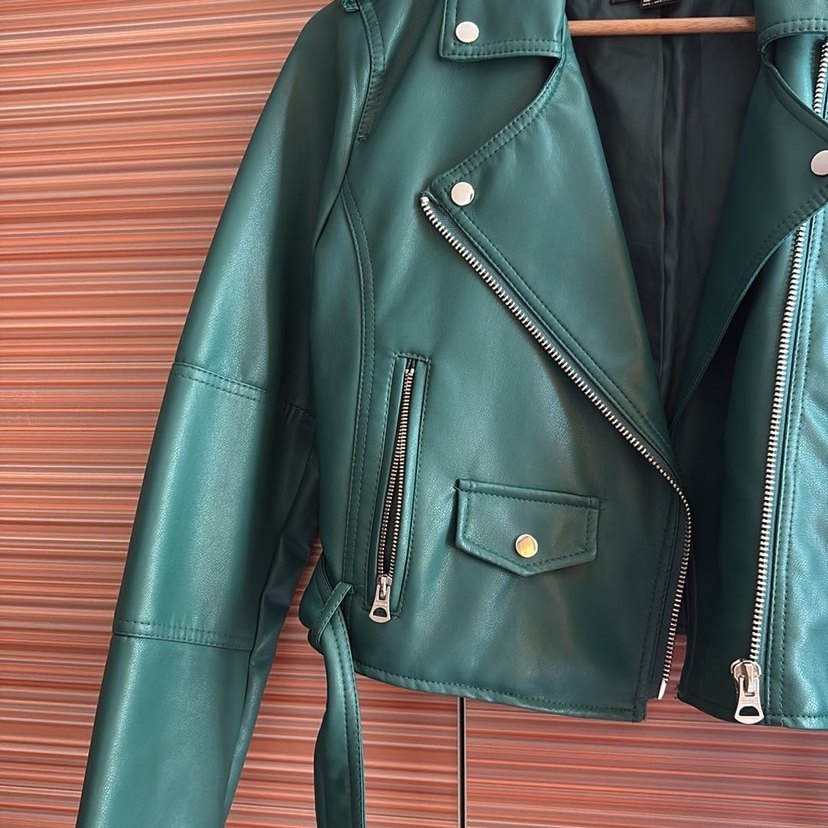 Pull&bear yeşil deri ceket - Görsel 4