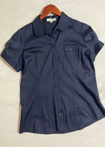 Kısa Kollu Lacivert Düğmeli Kadın Gömlek - Görsel 3