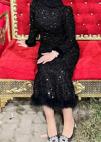 Uzun Kollu Siyah payet İşlemeli Abiye Elbise - Görsel 2