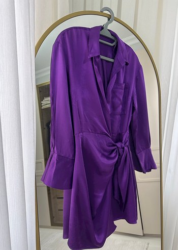 Parlak Mor Midi Kadın Gömlek Elbise - Görsel 2