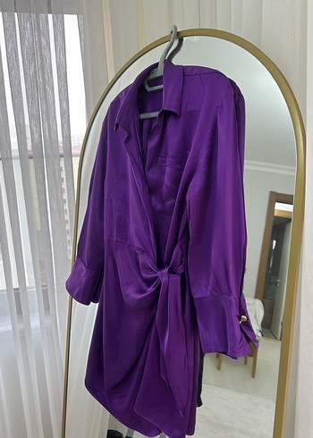 Parlak Mor Midi Kadın Gömlek Elbise - Görsel 5