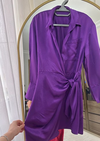 Parlak Mor Midi Kadın Gömlek Elbise - Görsel 7