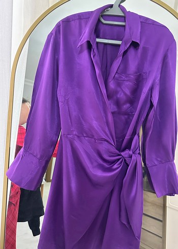 Parlak Mor Midi Kadın Gömlek Elbise - Görsel 9