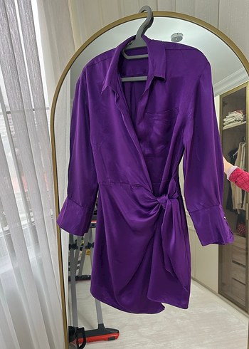 Parlak Mor Midi Kadın Gömlek Elbise - Görsel 4