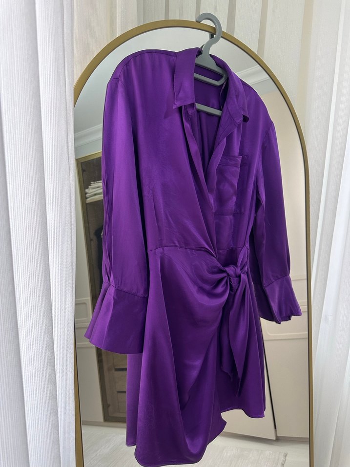 Parlak Mor Midi Kadın Gömlek Elbise - Görsel 2