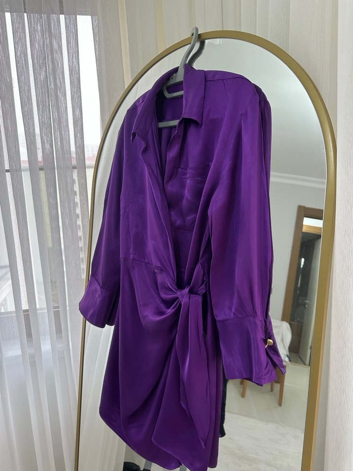 Parlak Mor Midi Kadın Gömlek Elbise - Görsel 5