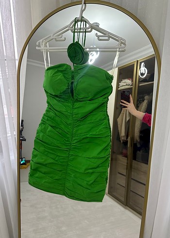 Yeşil Drapeli Straplez Mini Elbise - Görsel 7