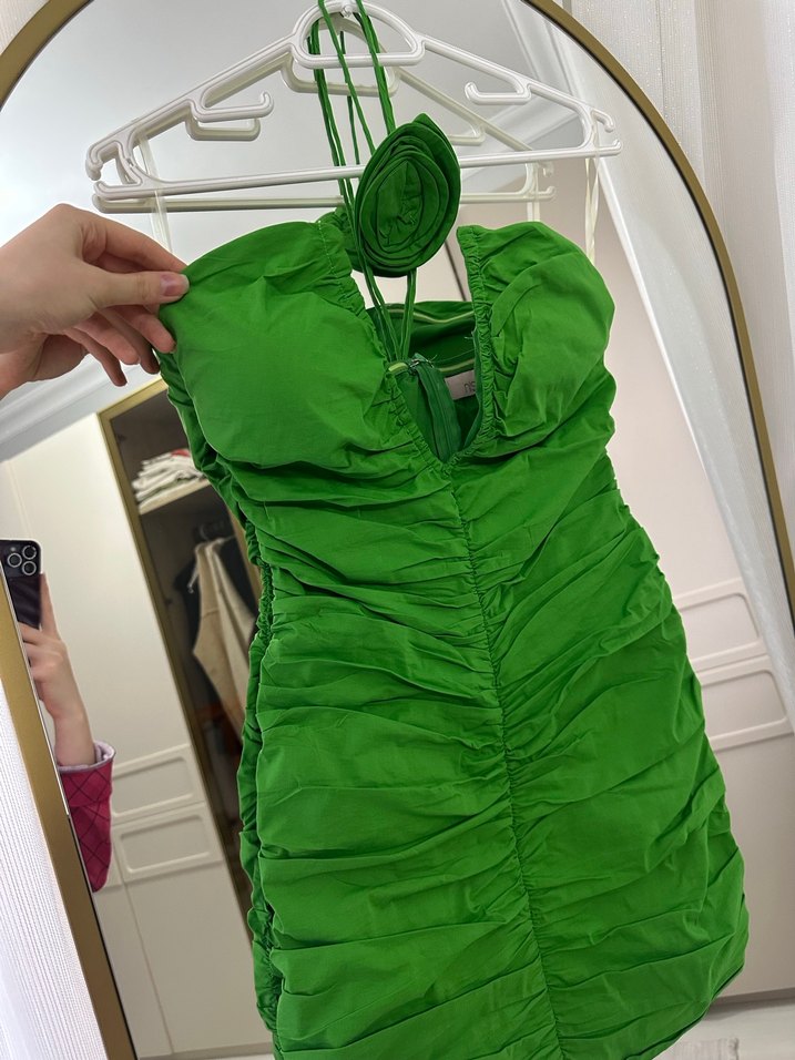 Yeşil Drapeli Straplez Mini Elbise - Görsel 2