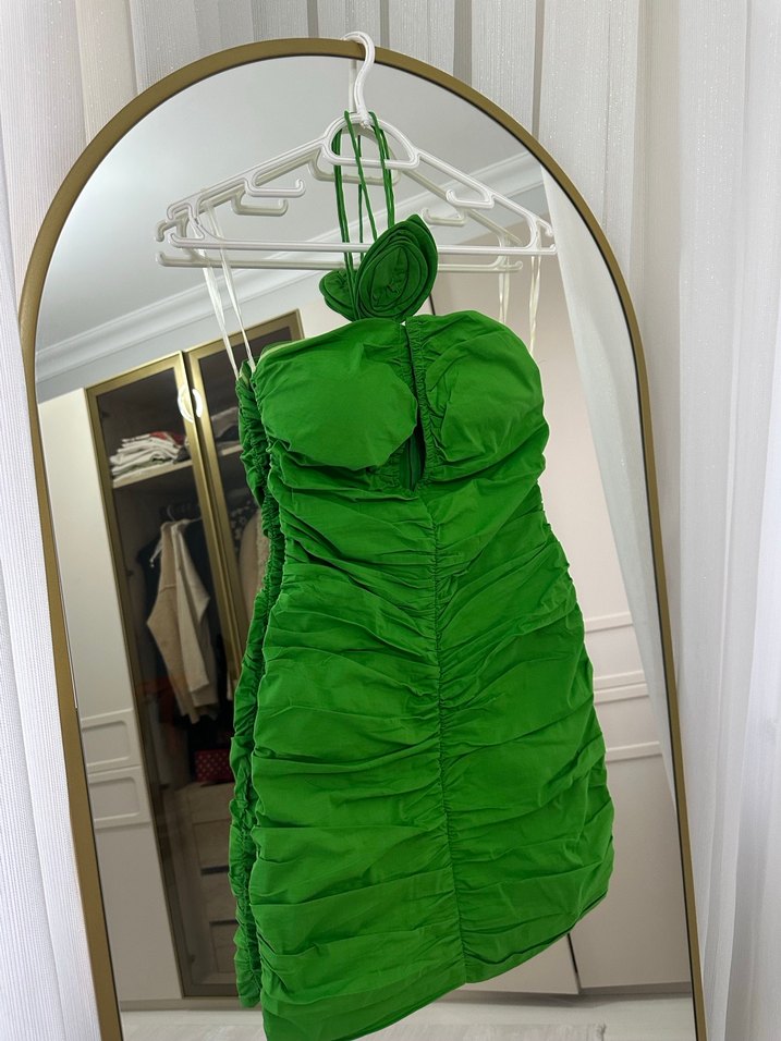 Yeşil Drapeli Straplez Mini Elbise - Görsel 5