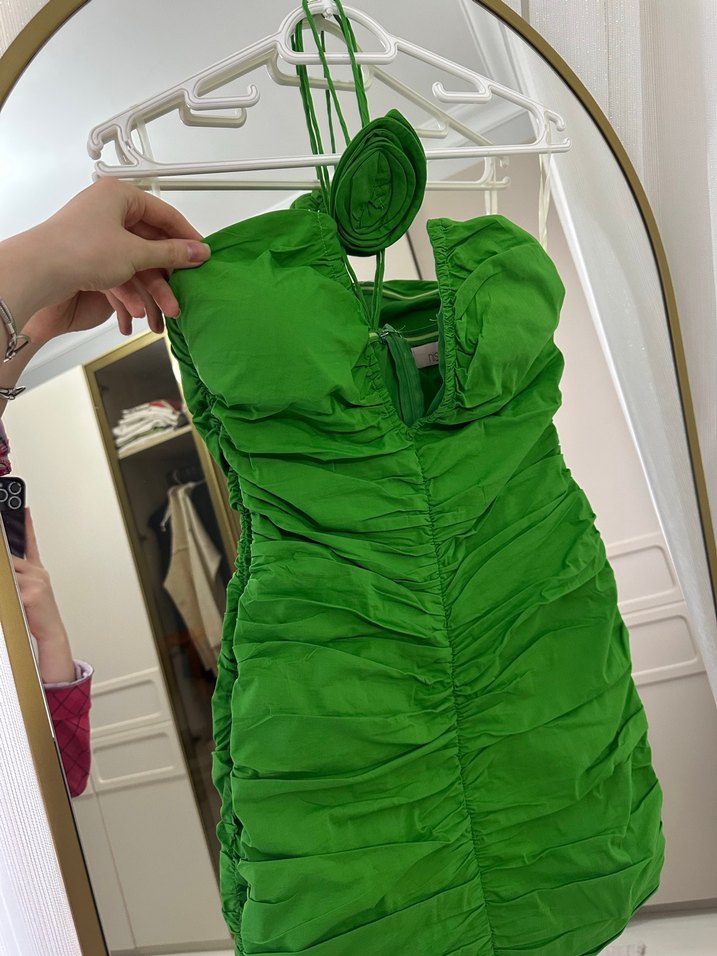 Yeşil Drapeli Straplez Mini Elbise - Görsel 4