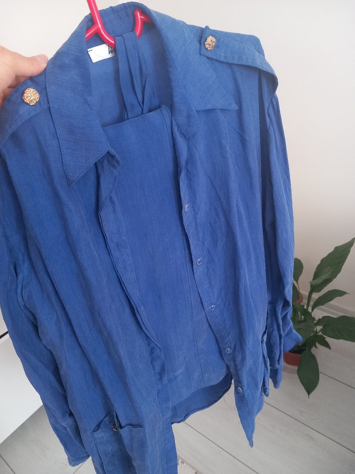 Düğmeli Mavi Uzun Keten Ceket pantolon - Görsel 3