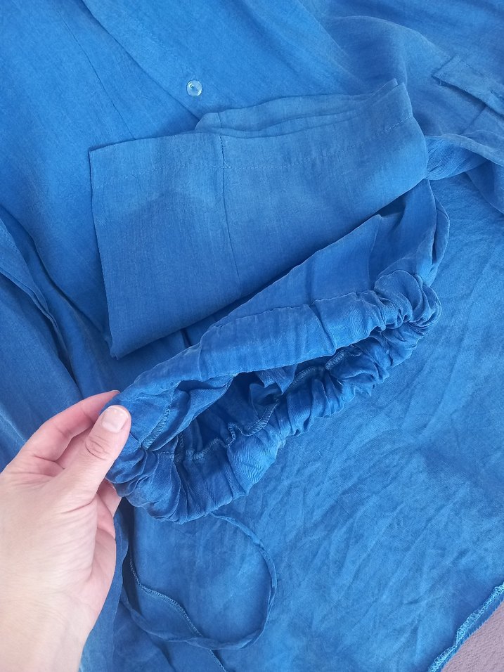 Düğmeli Mavi Uzun Keten Ceket pantolon - Görsel 2