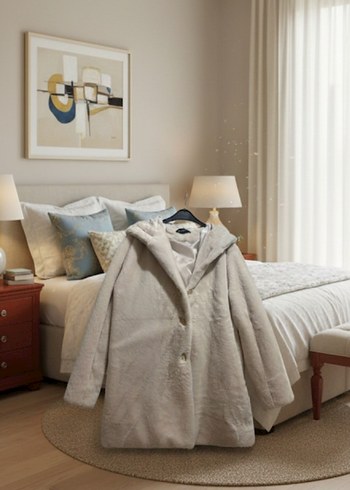 Bej Midi Suni Kürk Kapüşonlu Kadın Kaban - Görsel 4