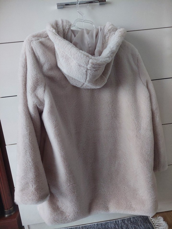 Bej Midi Suni Kürk Kapüşonlu Kadın Kaban - Görsel 2