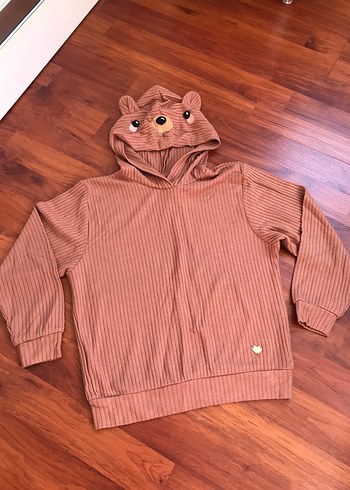 Kapüşonlu Kahverengi Yumuşacık dokulu çocuk sevetşört - Görsel 2
