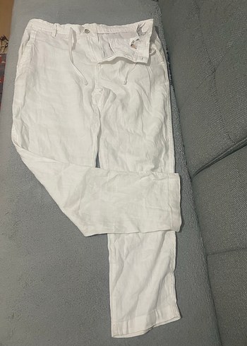 Beyaz Keten Rahat Kesim Pantolon - Görsel 3