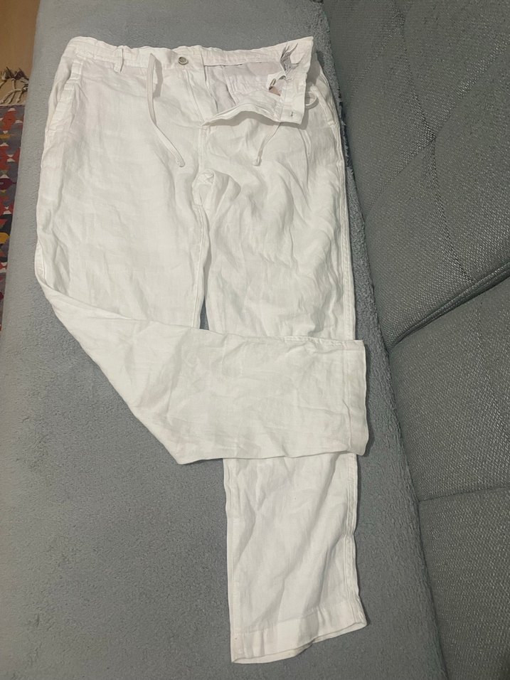 Beyaz Keten Rahat Kesim Pantolon - Görsel 3