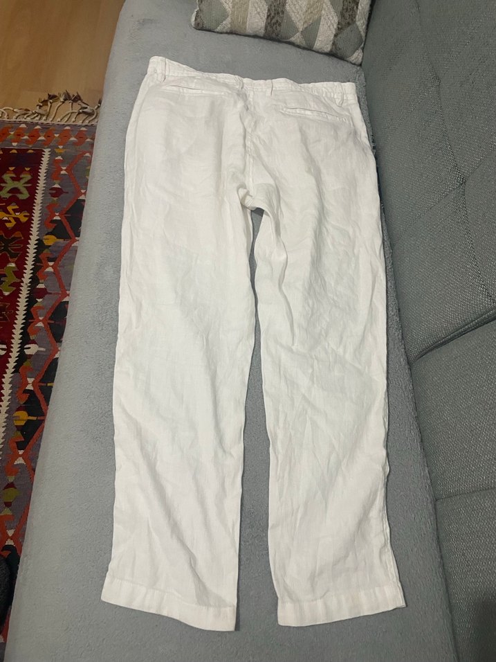 Beyaz Keten Rahat Kesim Pantolon - Görsel 2