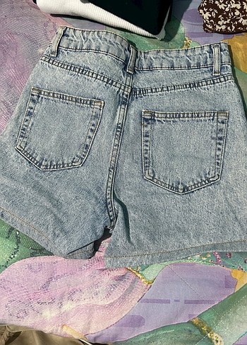 s Beden Mavi Bağlama Desenli Kadın Mini Denim Şort