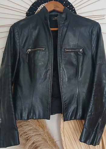 Siyah Deri Biker Ceket. Mango. hakiki deri - Görsel 7