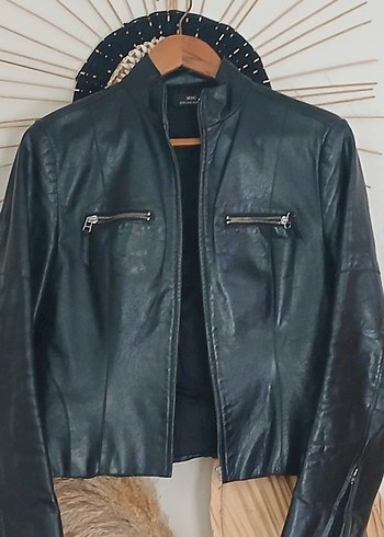 Siyah Deri Biker Ceket. Mango. hakiki deri - Görsel 9