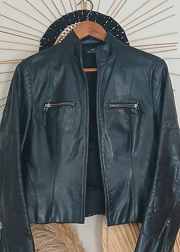 Siyah Deri Biker Ceket. Mango. hakiki deri - Görsel 4