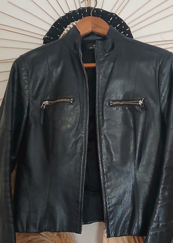 Siyah Deri Biker Ceket. Mango. hakiki deri - Görsel 13