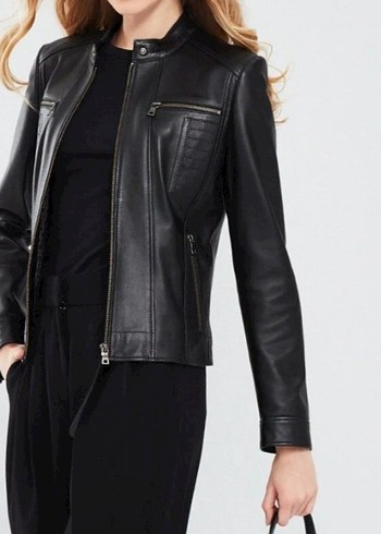 Siyah Deri Biker Ceket. Mango. hakiki deri - Görsel 2