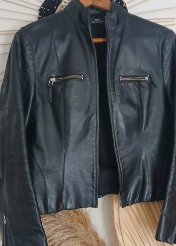 Siyah Deri Biker Ceket. Mango. hakiki deri - Görsel 8