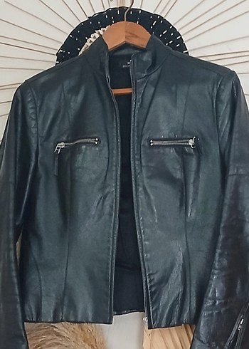Siyah Deri Biker Ceket. Mango. hakiki deri - Görsel 3