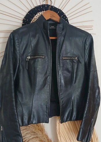 Siyah Deri Biker Ceket. Mango. hakiki deri - Görsel 5