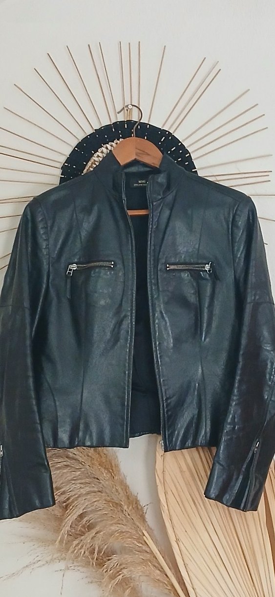 Siyah Deri Biker Ceket. Mango. hakiki deri - Görsel 4