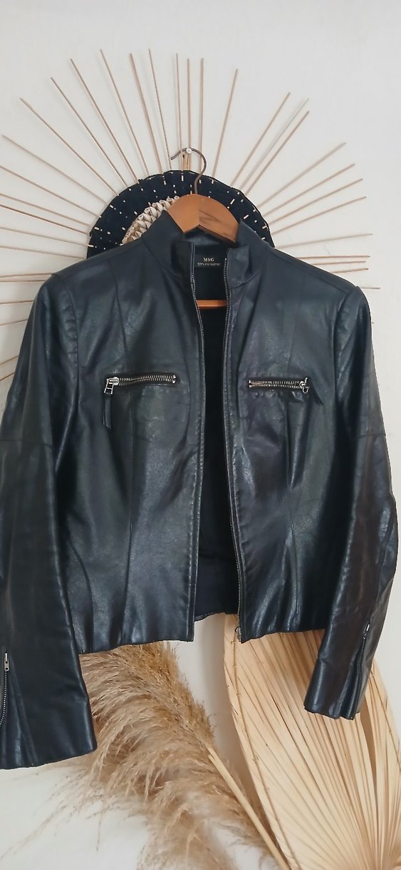 Siyah Deri Biker Ceket. Mango. hakiki deri - Görsel 5