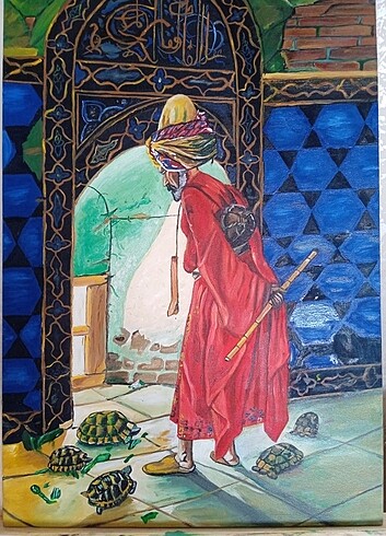 Kaplumbağa terbiyecisi yağlı boya tablo 